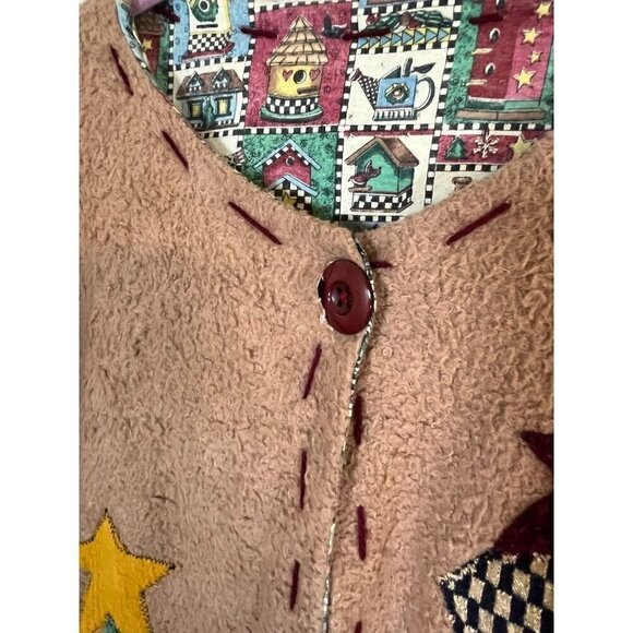 Vintage Jacket L Brown Kirklands Fleece Snowman Festive Christmas Holiday Mature - Picture 7 of 11